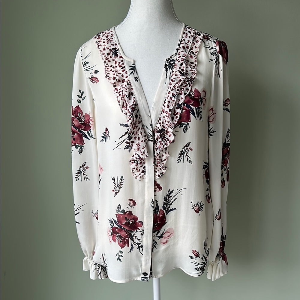 Joie White and Red Ruffled Long Sleeve Blouse